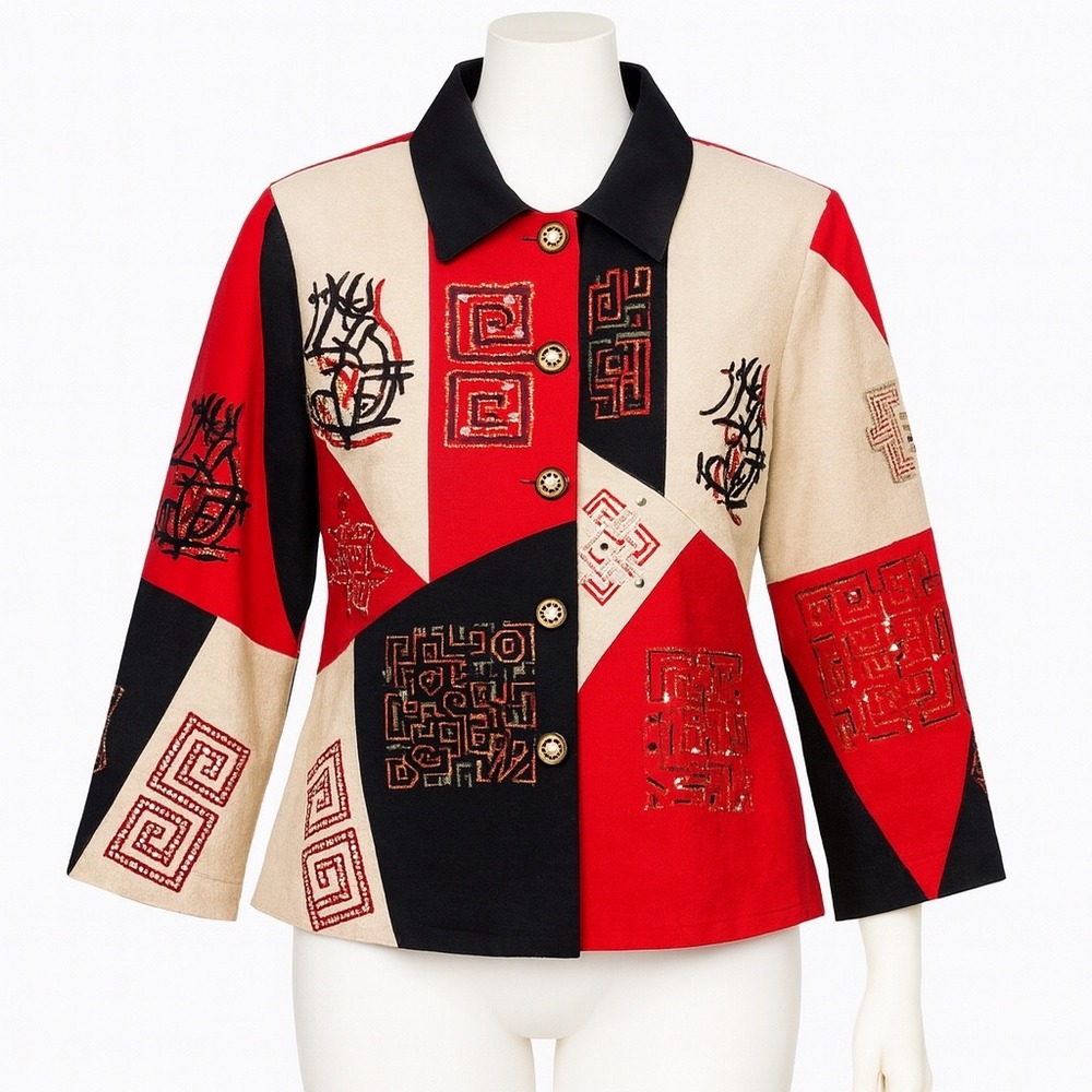 Carina Jacket Womens L Multicolor Patchwork Embroidered Bohemian Retro Artsy